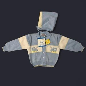 NEW Baby Blue Infant Cardigan Sweater & Bonnet w Embroidered Train by Quiltex